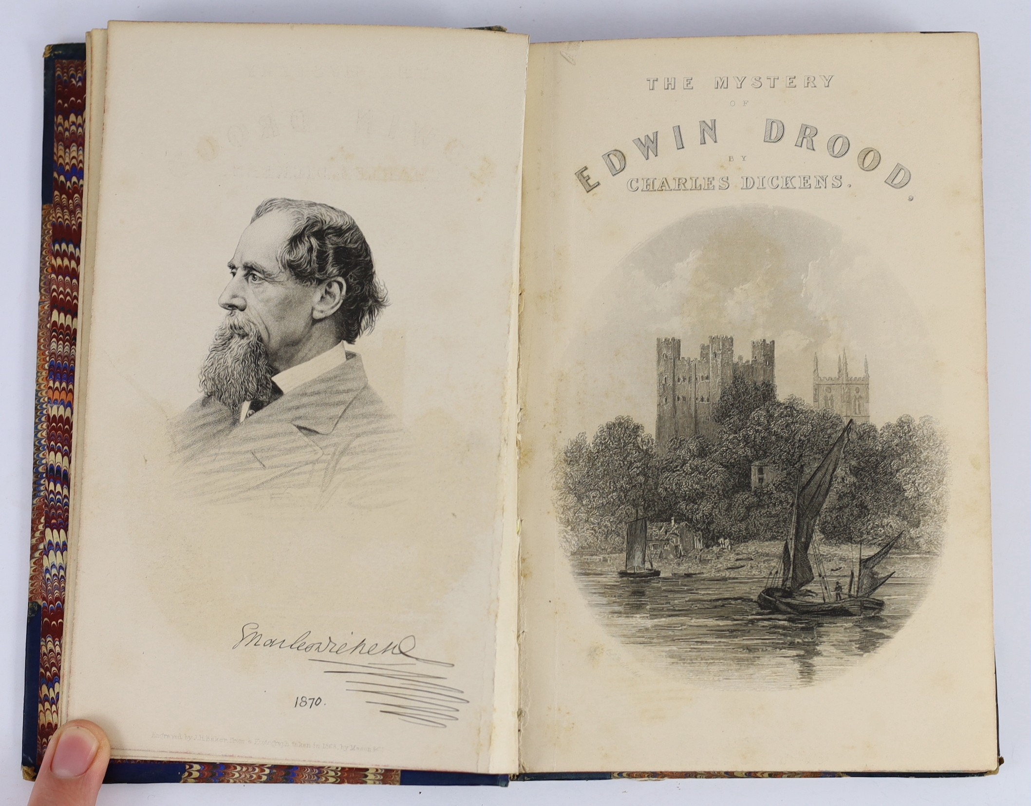 Dickens, Charles - The Mystery of Edwin Drood, 1st edition in book form, 3 vols, 8vo, quarter calf with marbled boards, illustrated with portrait, title and 12 plates by Samuel Luke Fildes, ink ownership inscription to f